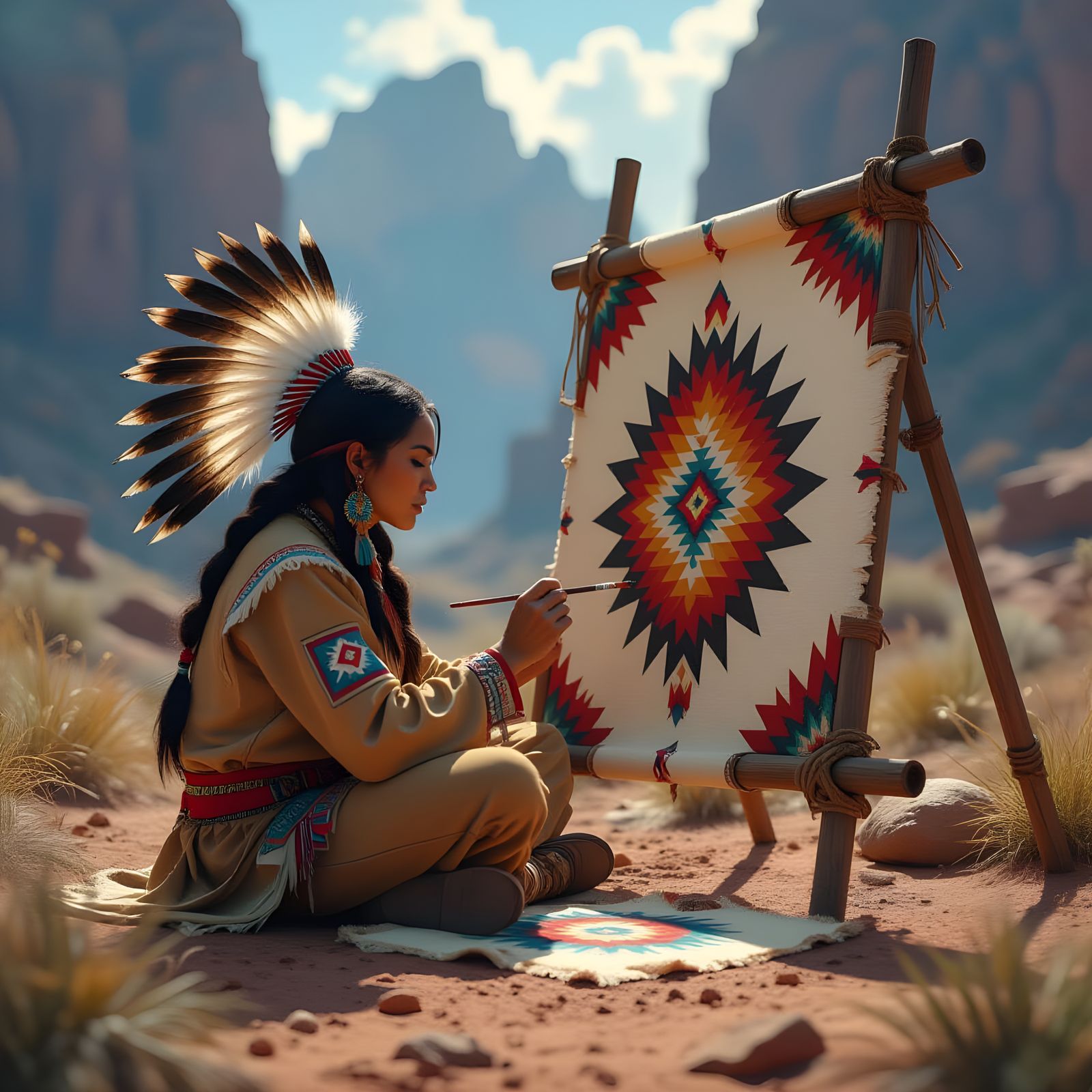 Native American Artist Painting Buffalo Hide: 3D Rendering