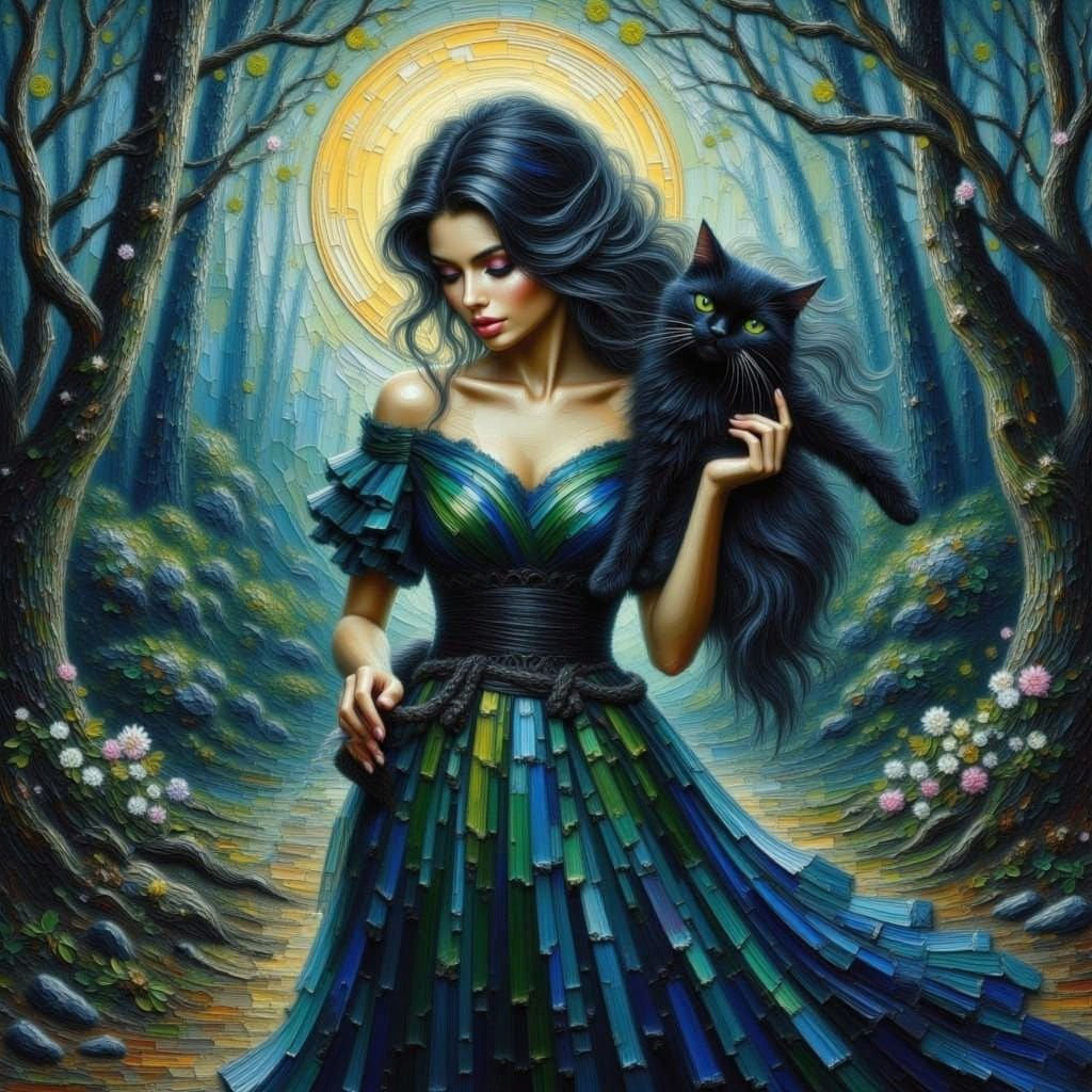 Woman Holding Black Cat in Forest, Impressionist Style