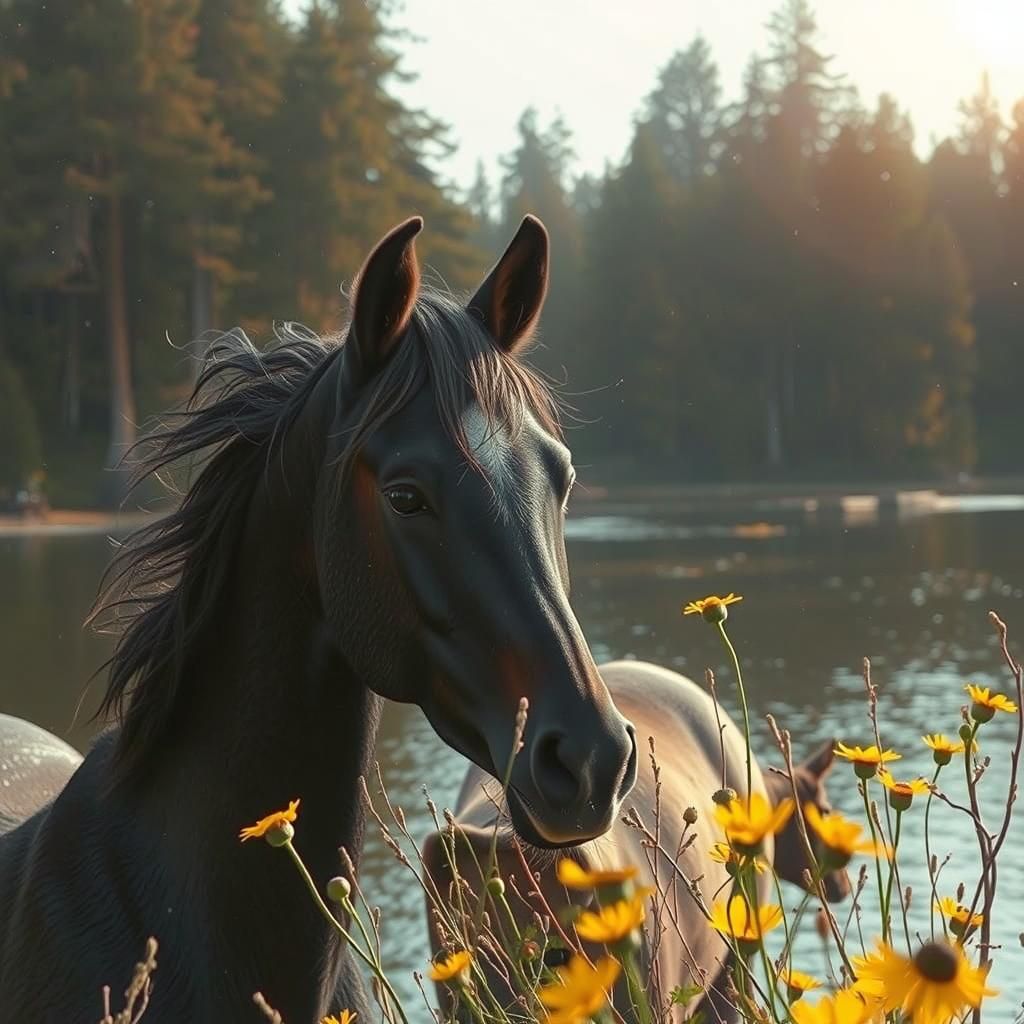 Black Horse and Foal Reflected in Lake