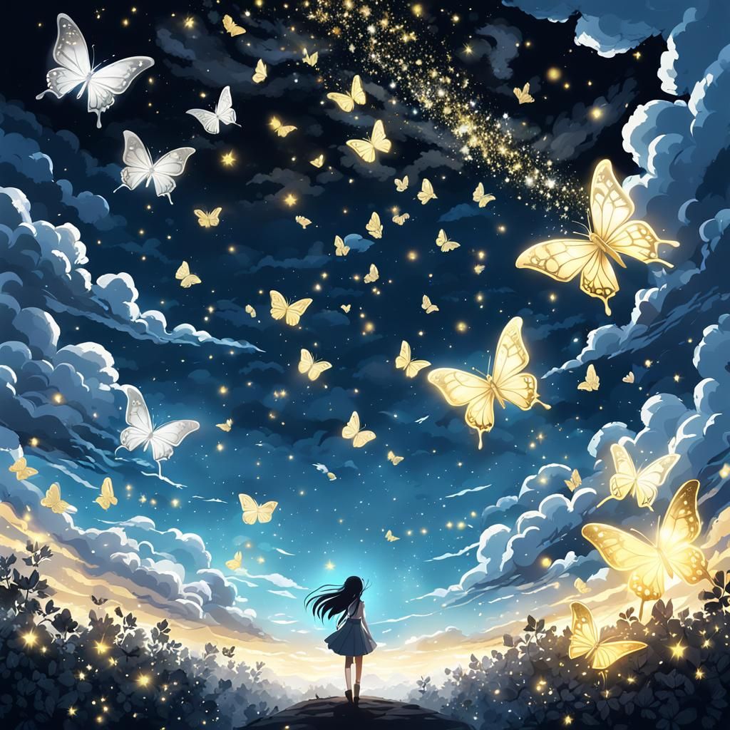Golden Butterflies Shimmering in Night Sky Anime Art
