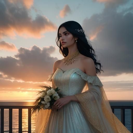 Mystical Woman in Feather Gown at Sunset