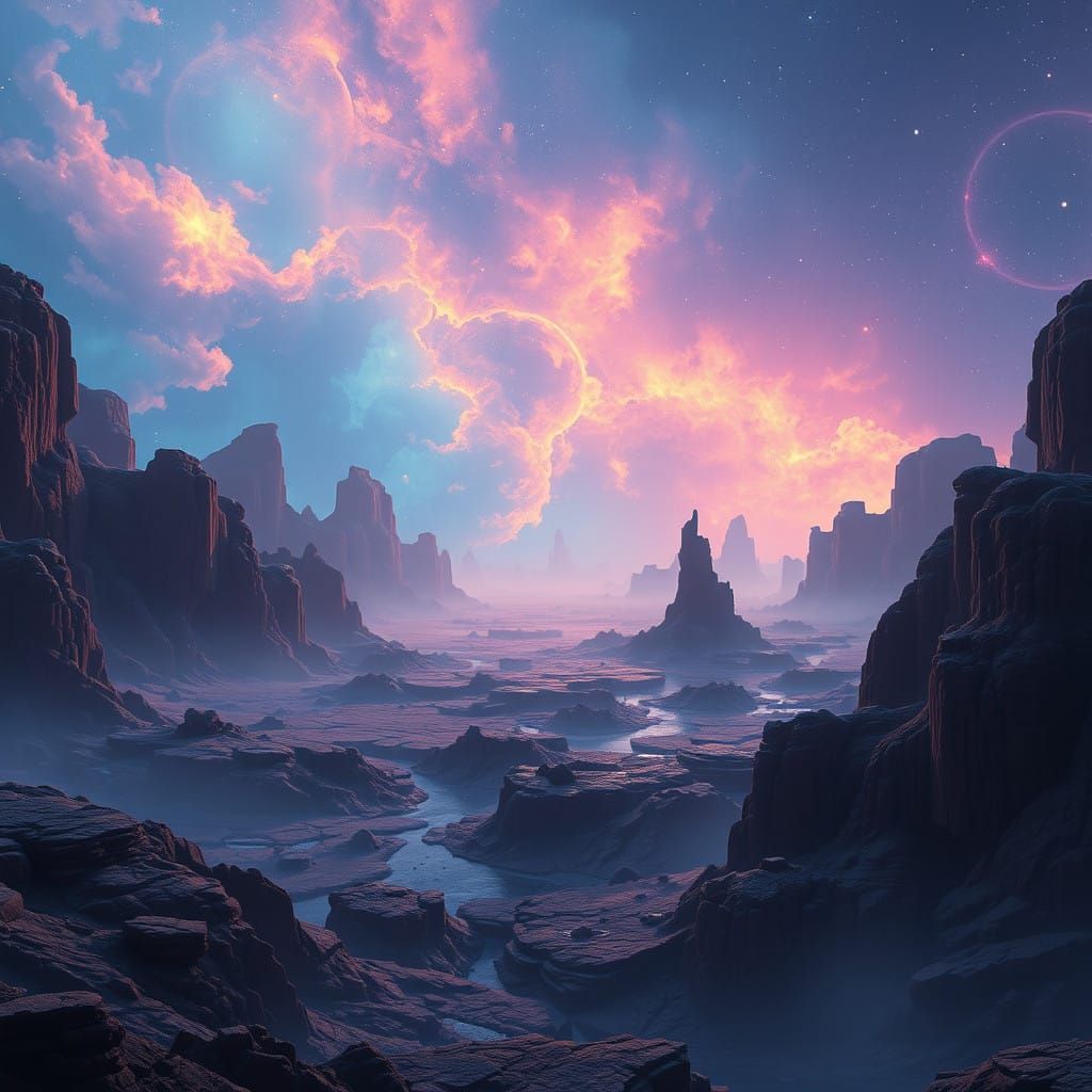Ethereal Cosmic Landscape in Cyberpunk Style