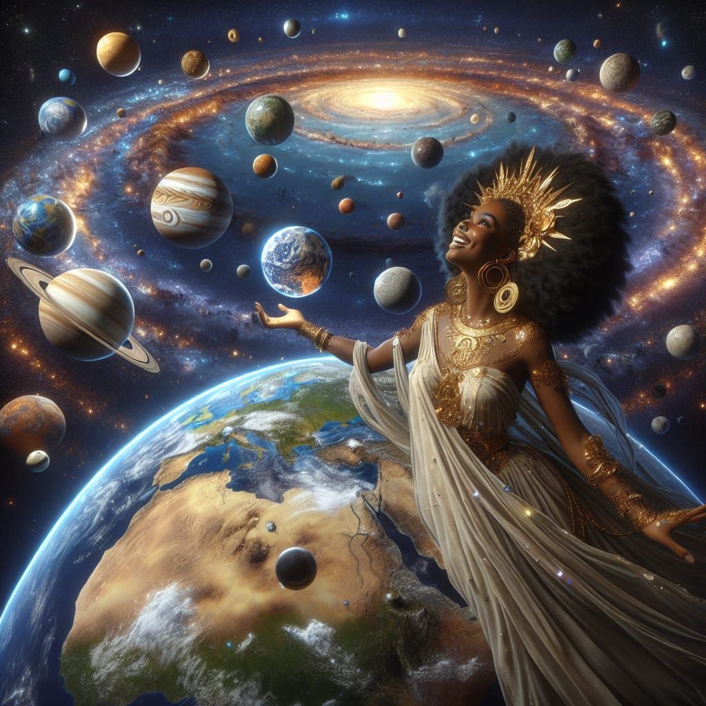 Celestial Afro-Caribbean Woman Crafts the Universe in Pencil...