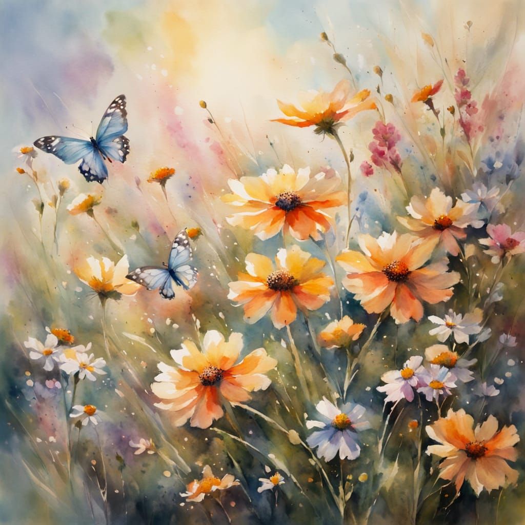 Butterflies and Wildflowers in Impressionist Watercolour