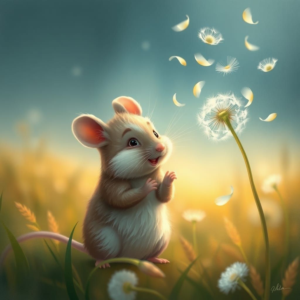 Mouse Blowing Dandelion Seeds in Pastel Illustration