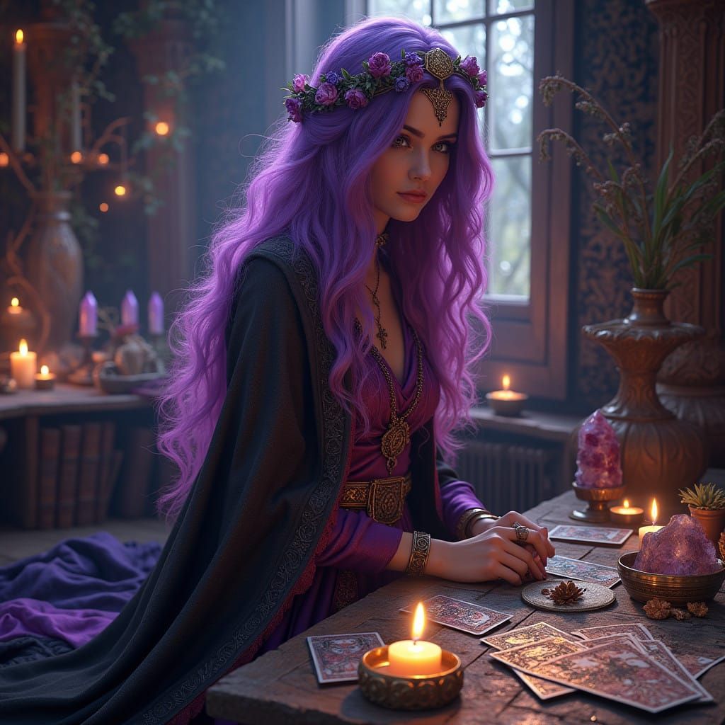 Sorceress Florist in Celtic Atelier, Violet Hair, Ancient Wo...