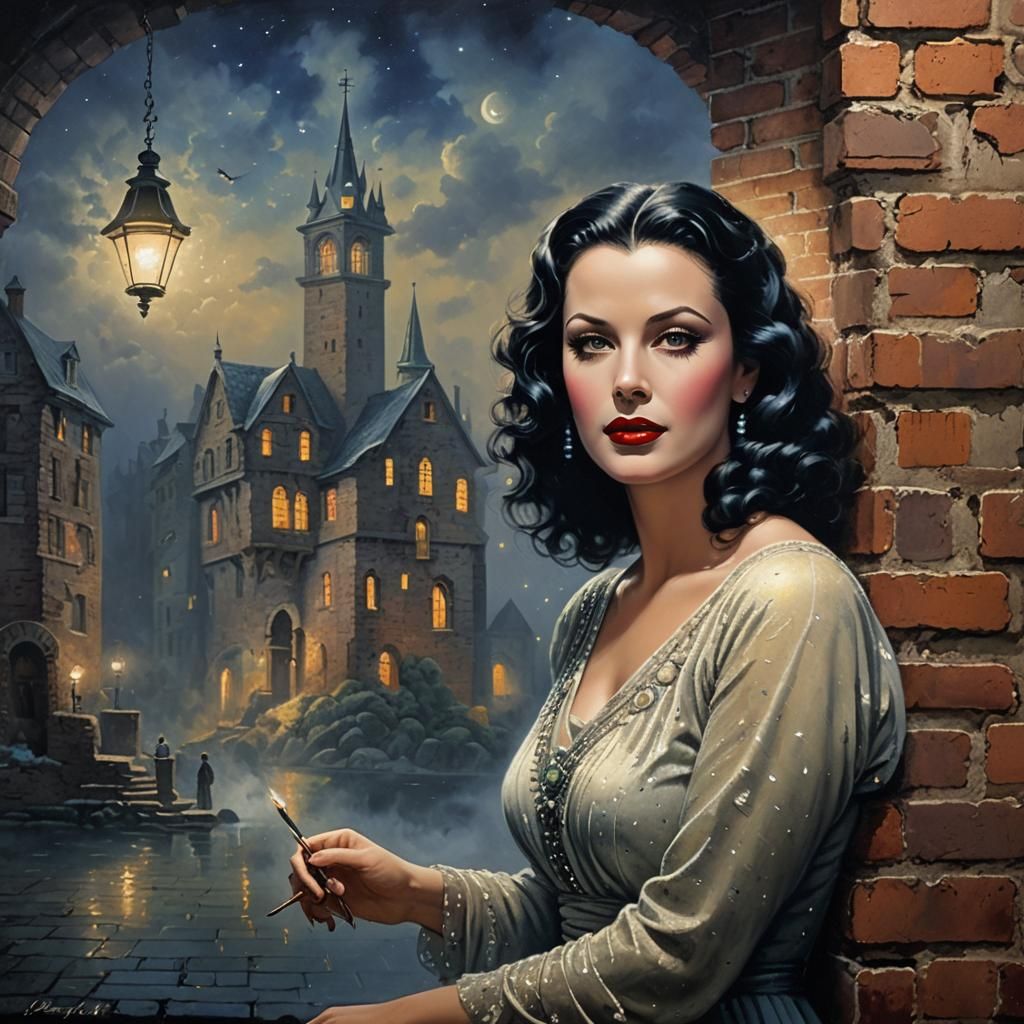 Ethereal Night: Girl's Portrait on Brick Wall