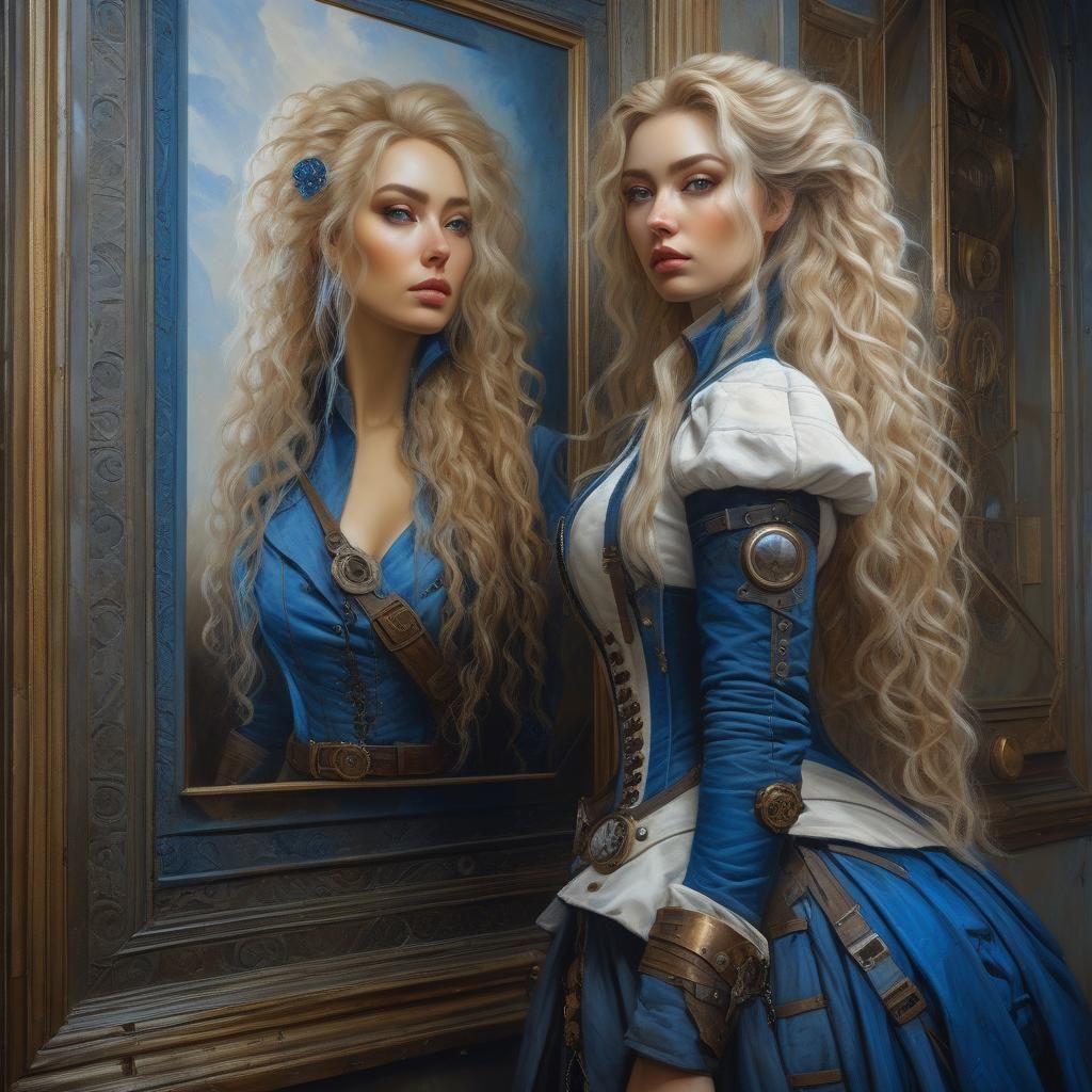 Steampunk Inventor Girl with Blond Hair, Photorealistic Pain...