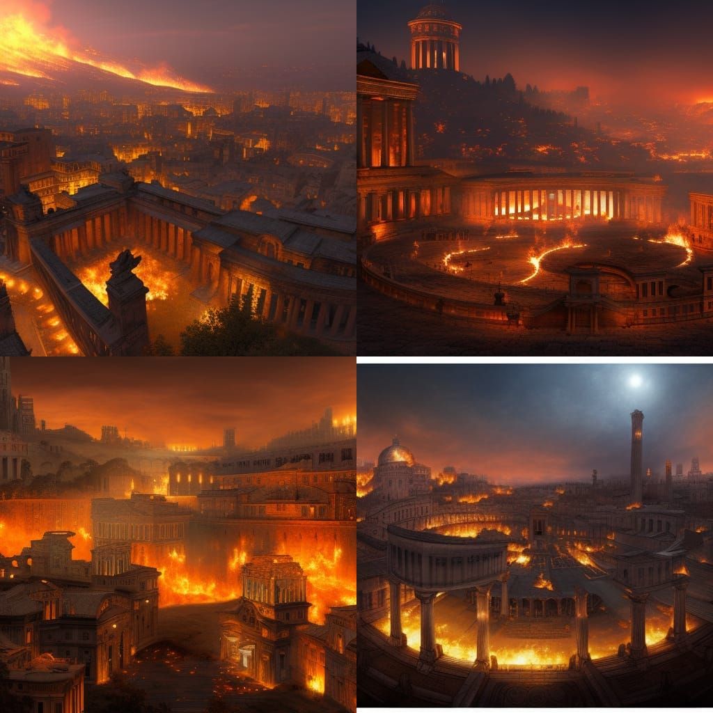 Burning Ancient Roman City at Night