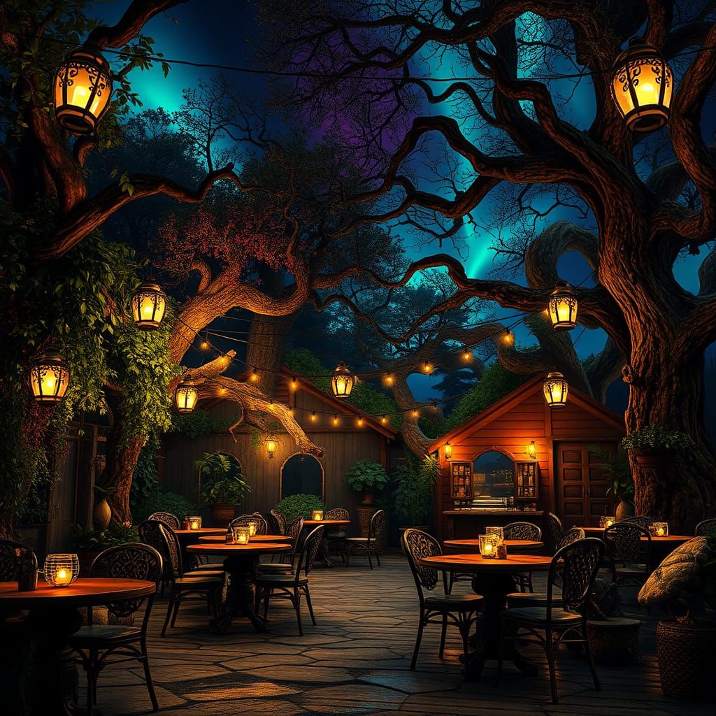 Whimsical Nighttime Cafe Under Starry Skies
