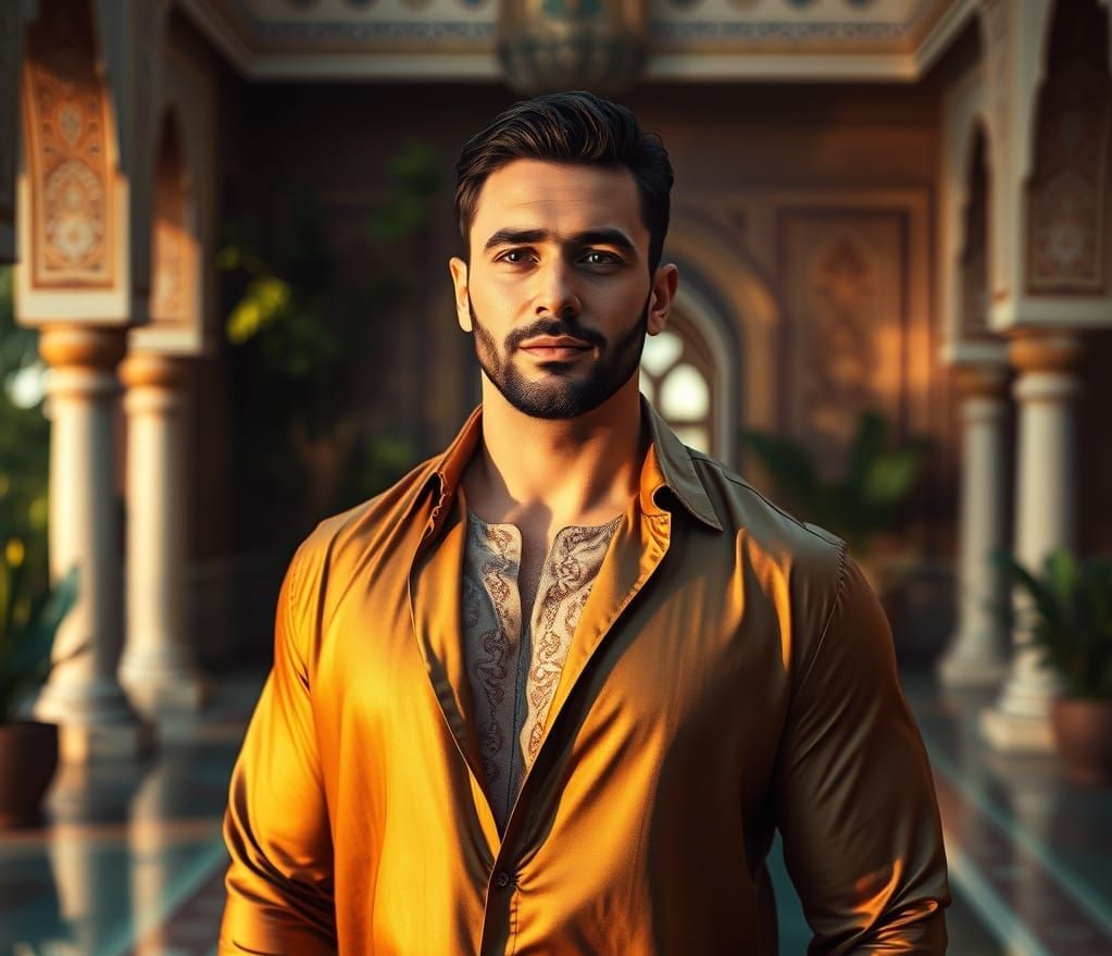 Arab Man in Luxurious Moroccan Villa: Cinematic Film Still