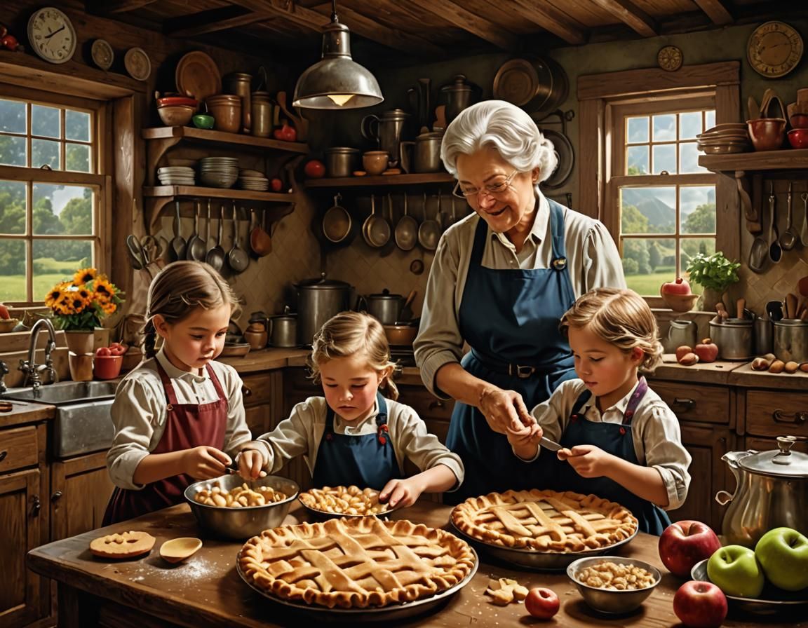 Grandmother and Grandchildren Baking Pie, Comic Book Art