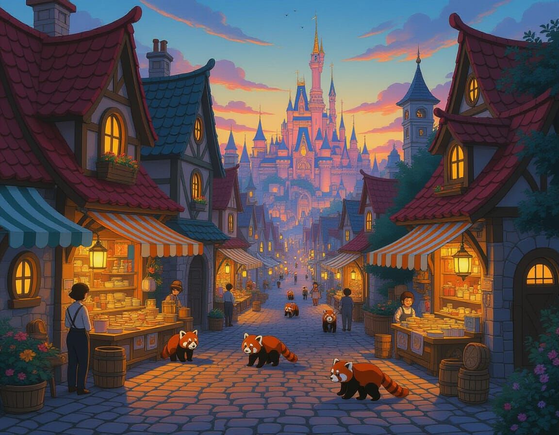 Whimsical City with Red Pandas in Twilight Glow