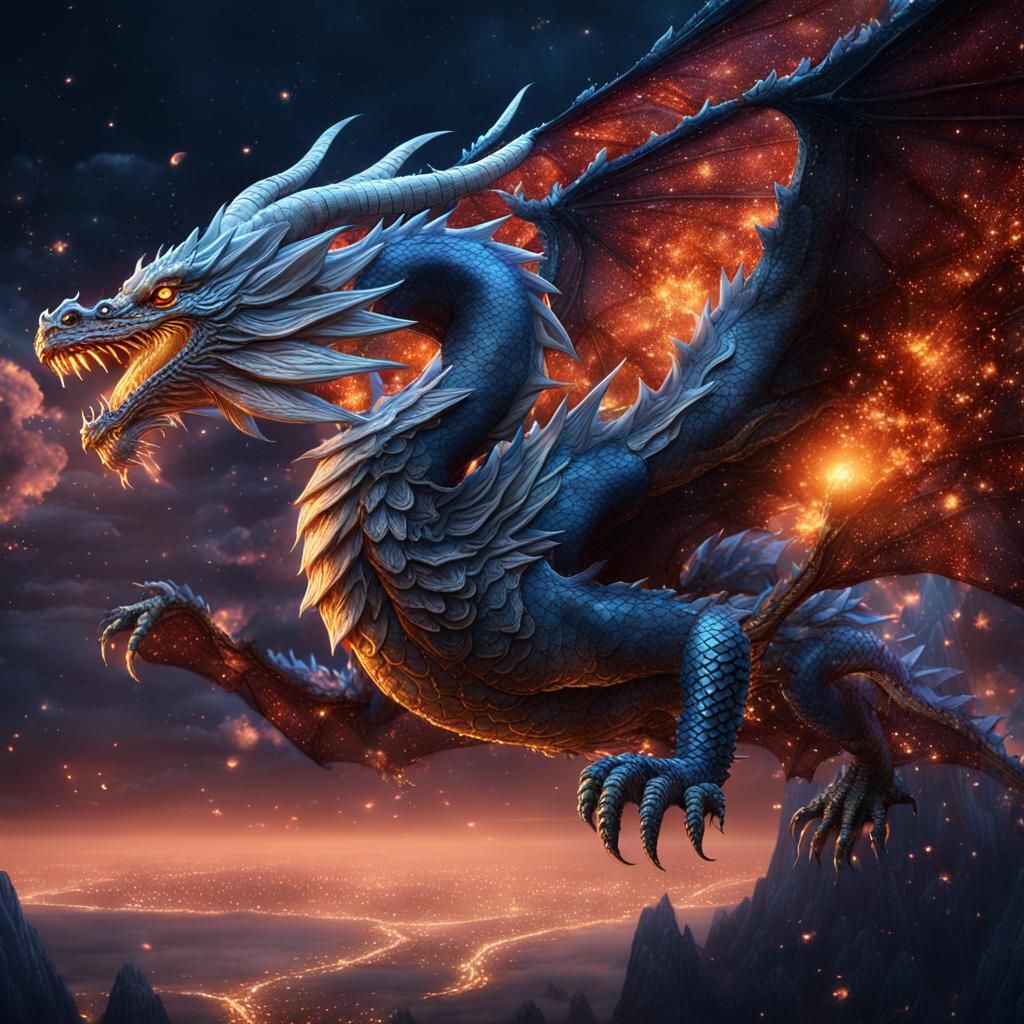 Crystal Korean Dragon Flying in Night Sky