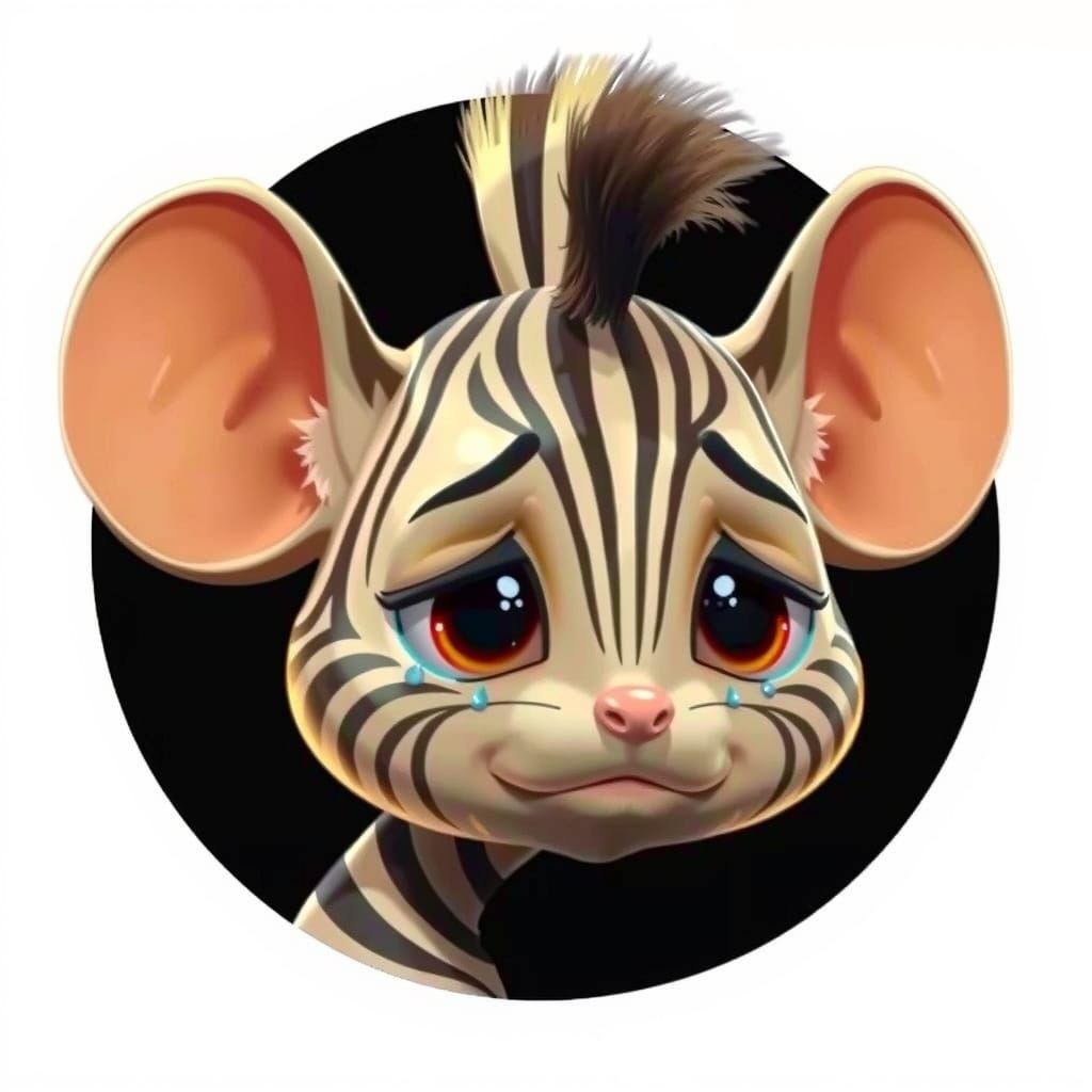 Profile picture. A 3d pixar style cute adorable beautiful female zebra white baby mouse, with sweet face, enormous brown...