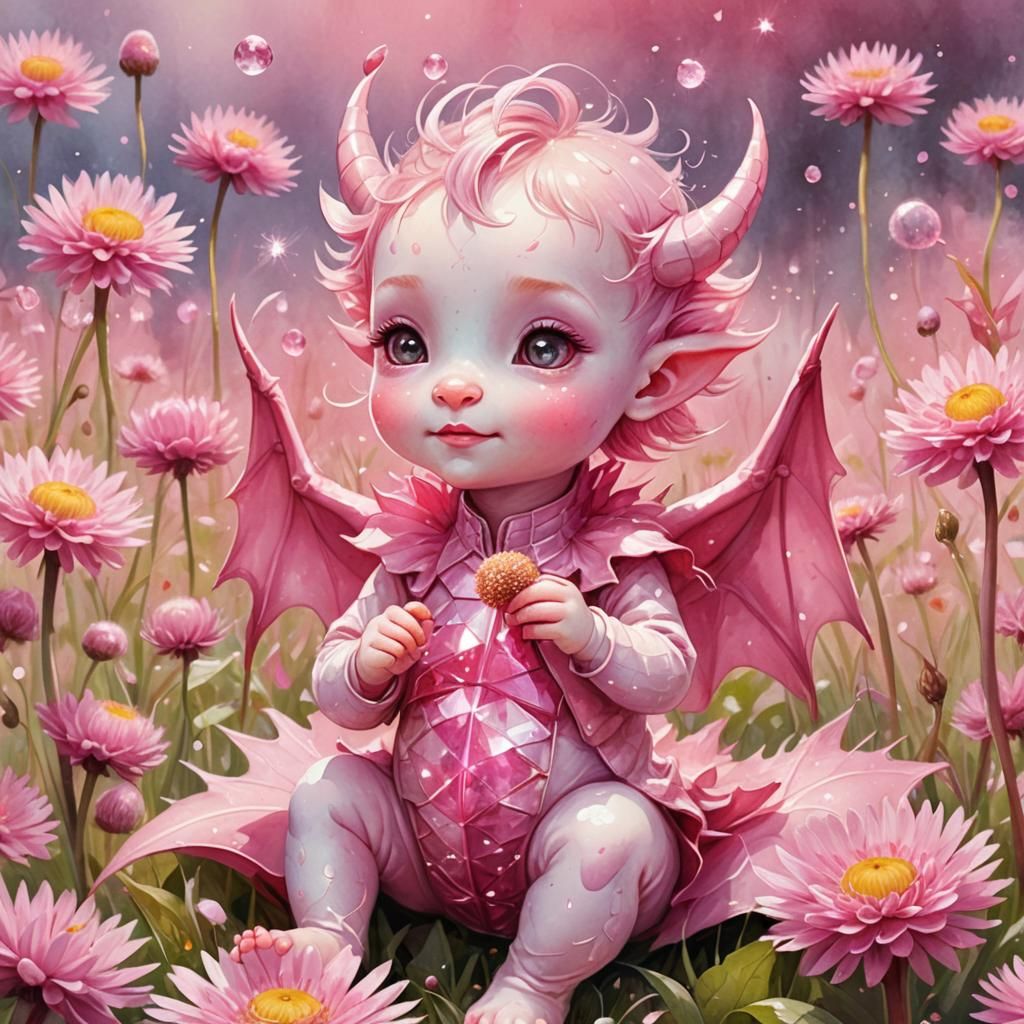 Pink Dragon-Girl Making a Wish, Watercolor Illustration