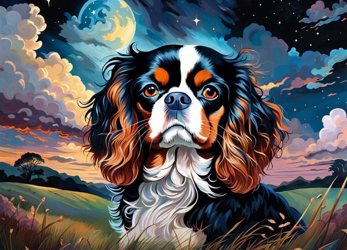 Black Cavalier King Charles Spaniel in Detailed Landscape