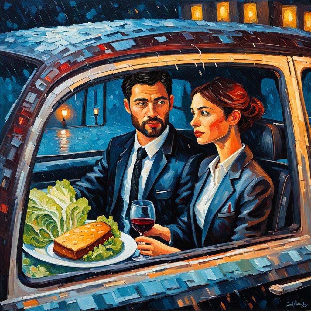 Romantic Dinner in Car: Expressionist Oil Painting