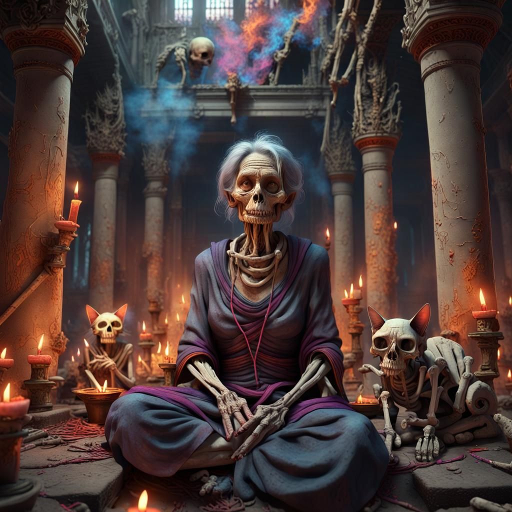 Wrinkled Woman in Crumbling Temple, Dark Fantasy Art