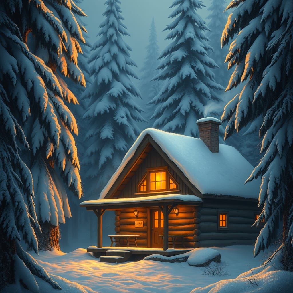 Cozy Cabin in Snowy Woods: Romantic Winter Scene