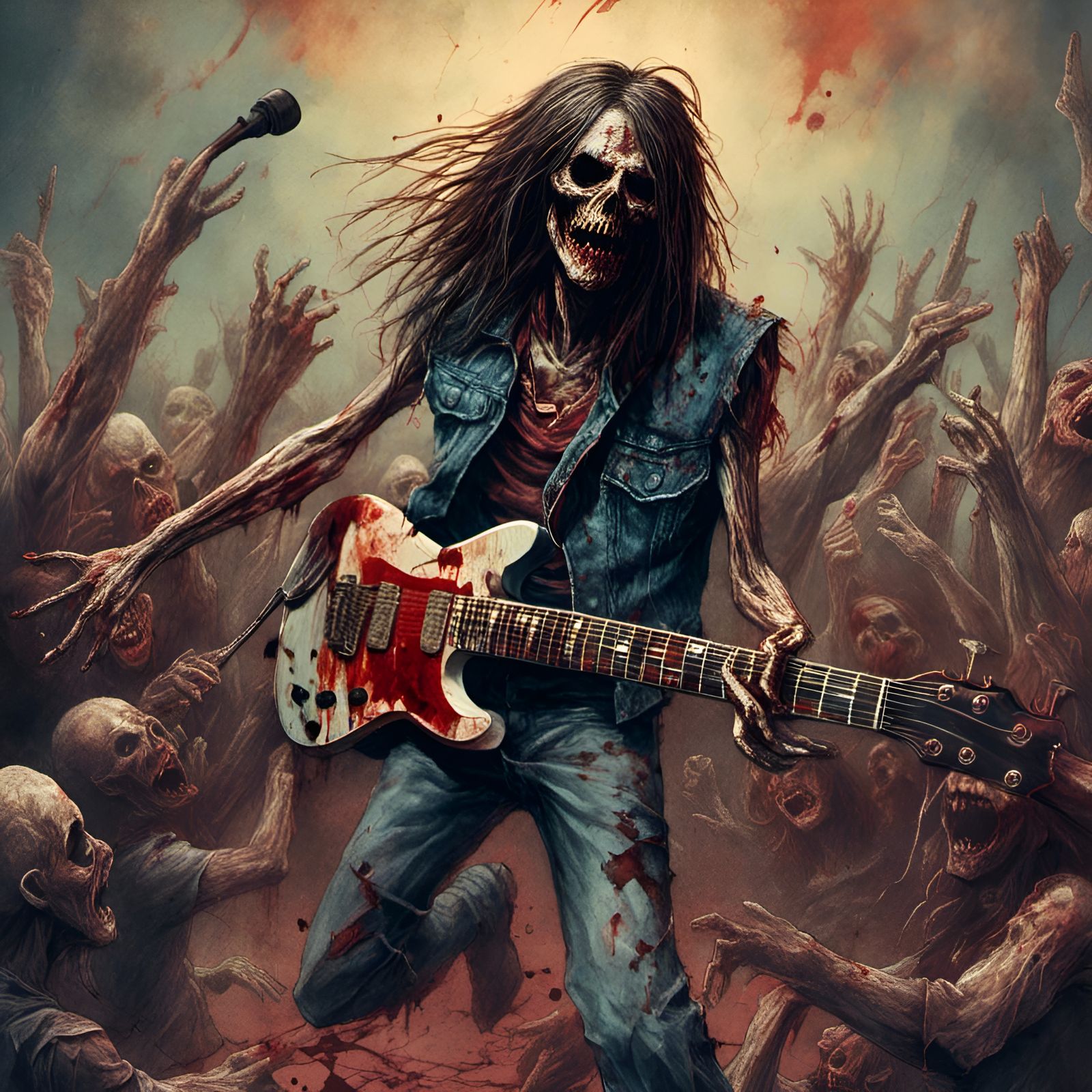 Zombie Metal Band on Stage, Creepy Illustration