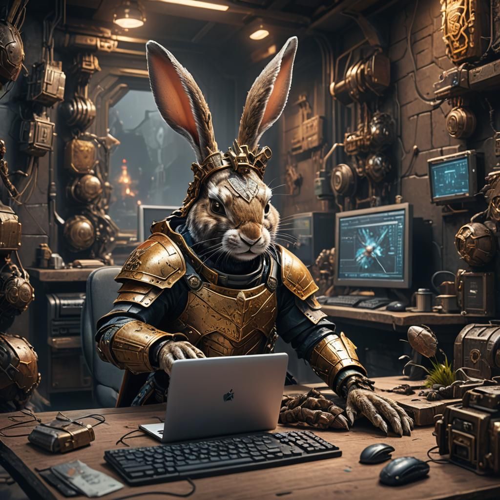 Armored Rabbit Hacker Battles Cockroaches: Fantasy Concept A...