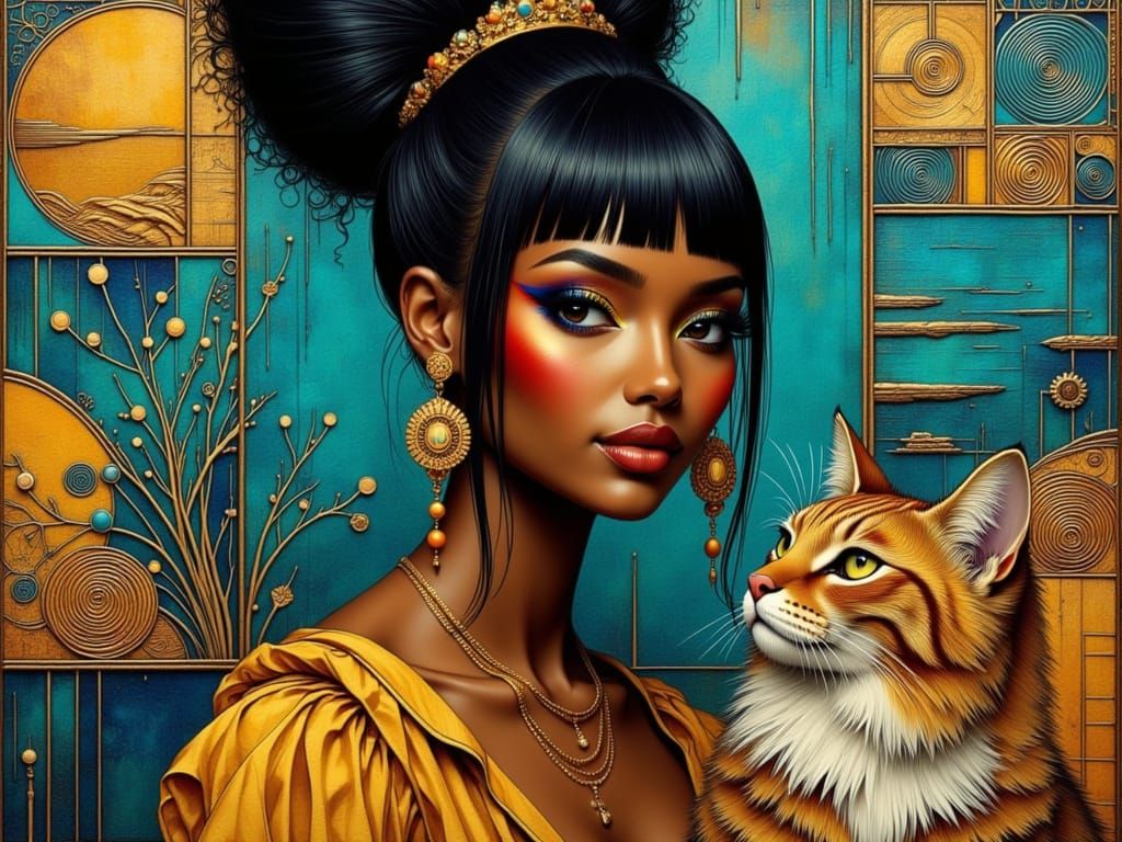 Psychedelic Portrait of Woman with Cat in Zentangle Style