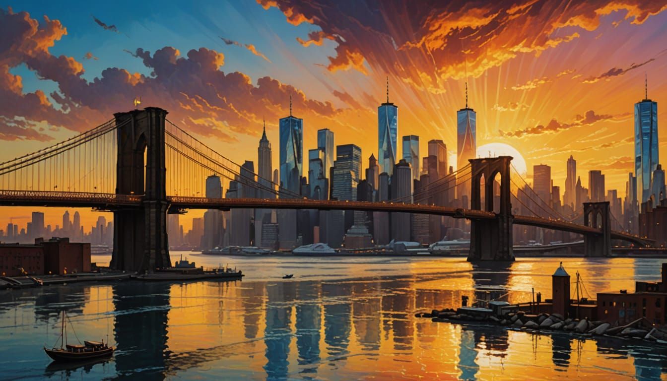 Surreal New York City Skyline at Sunrise in Vibrant Oil Pain...