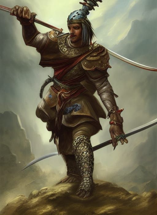 Warrior Fighting Lizard with Curved Sword