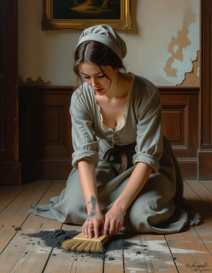 Photorealistic Portrait of Soot-Covered Woman in Grand Manor