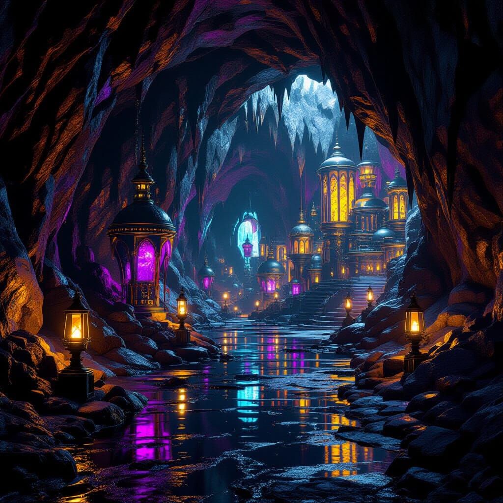 Underground City in Dark Cavern: Hyperdetailed Dark Fantasy