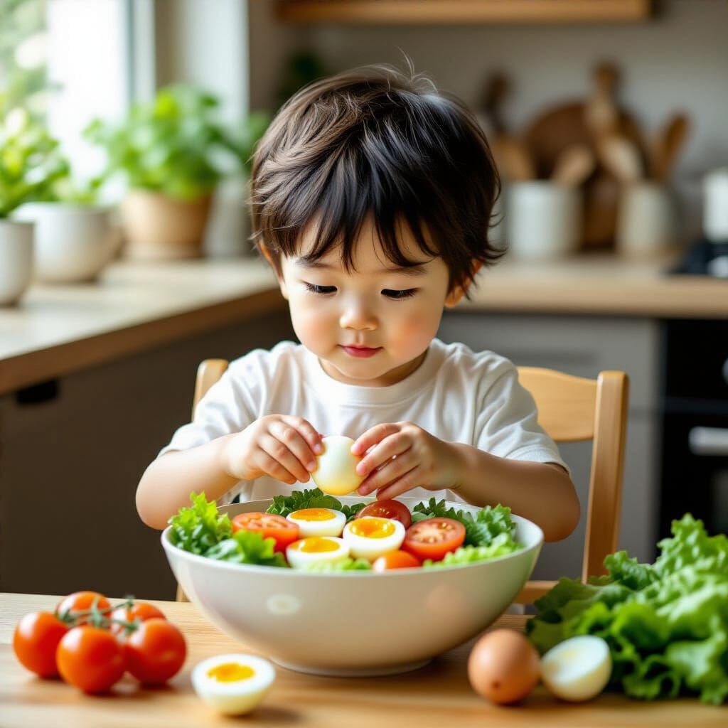 Asian Boy Prepares Salad: Hyperrealistic Photo
