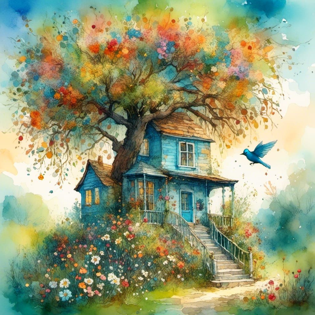 Naive Painting: Treehouse in a Flower Tree