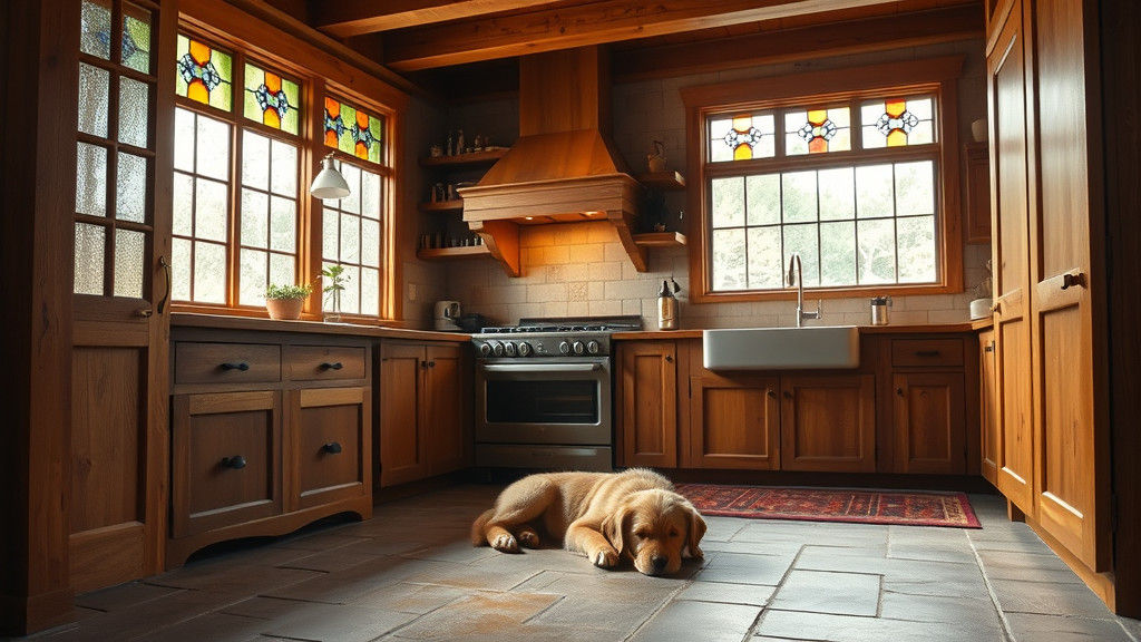 Rustic Wood Kitchen with Puppy and Stained Glass