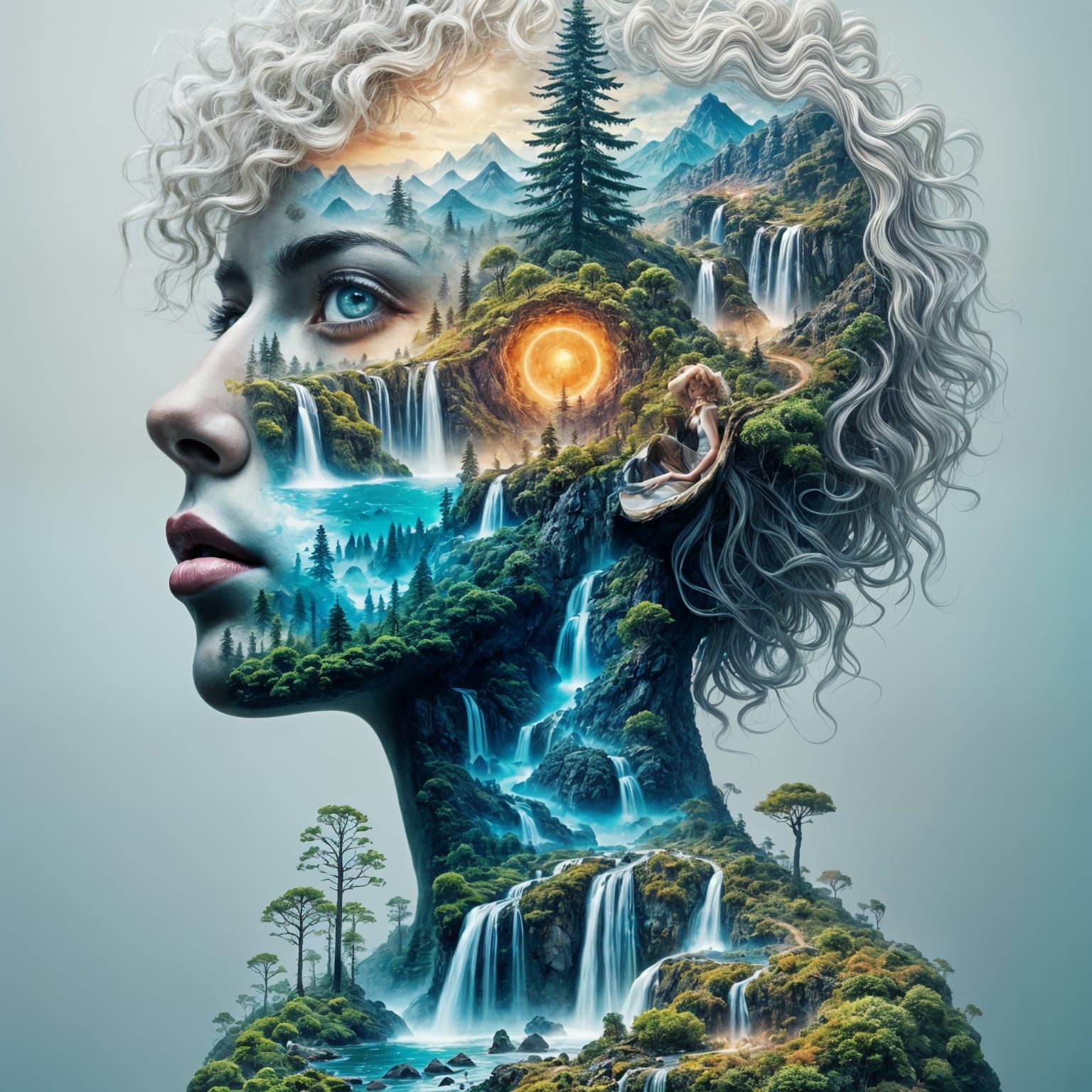 Fantasy Landscape Adorns Woman's Face with Waterfall Eyes