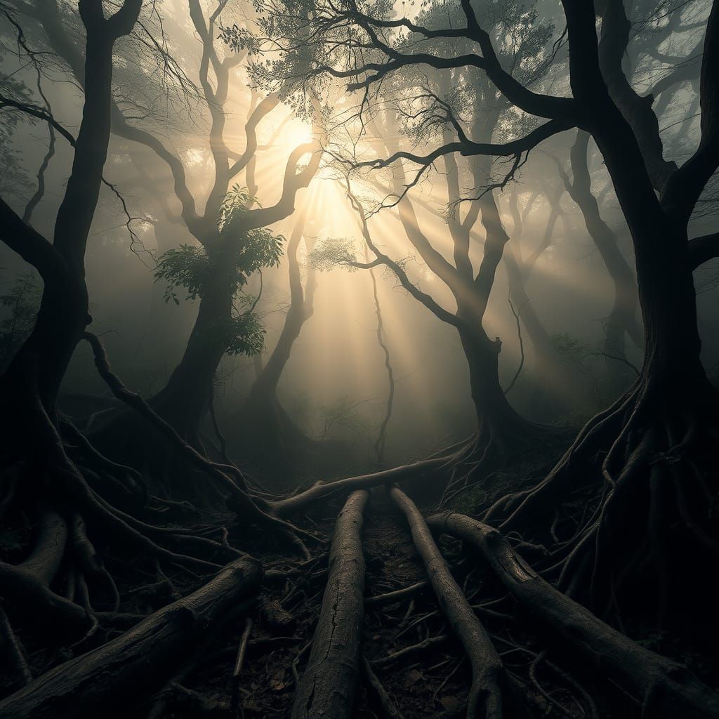 Misty Ancient Forest Path in Painterly Style