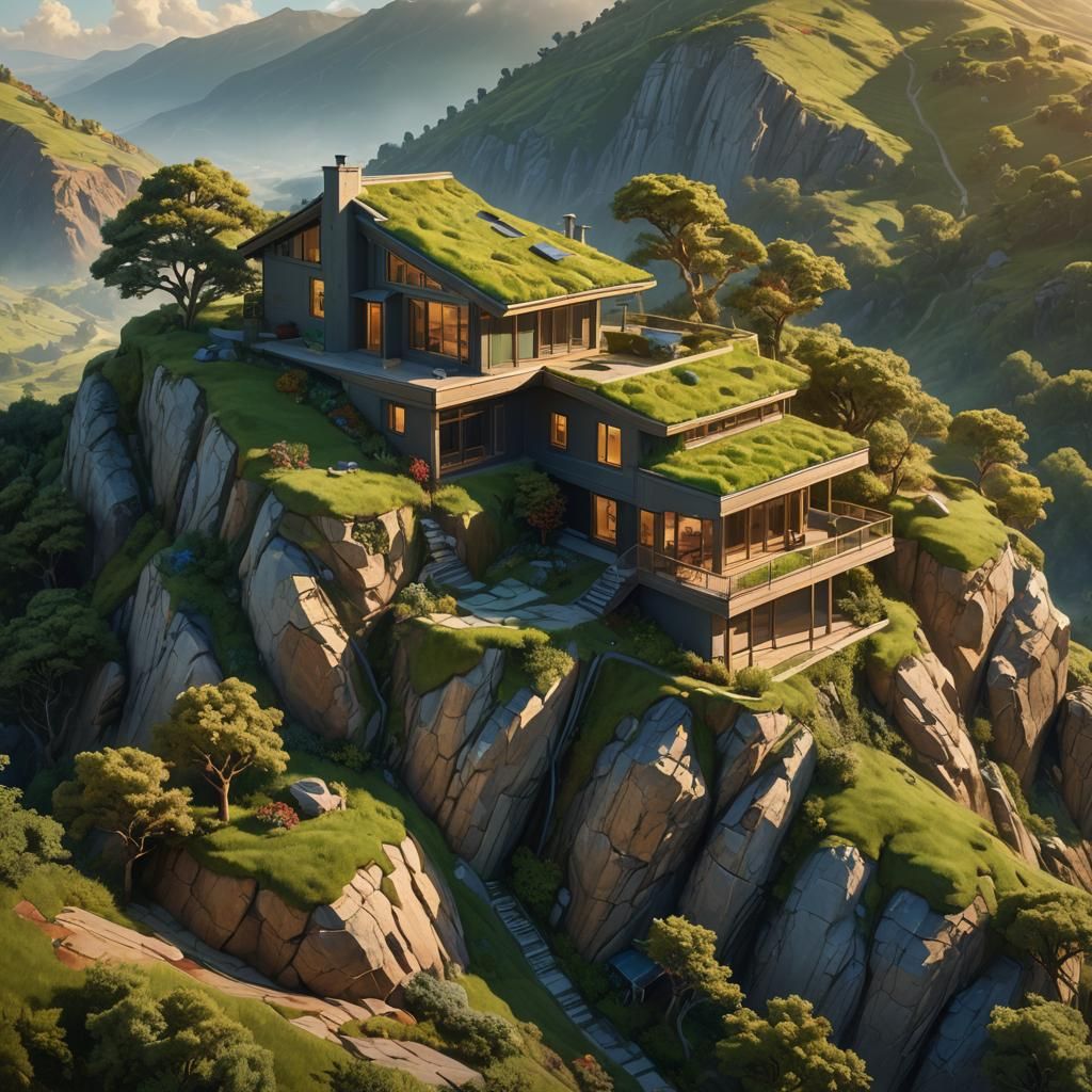 House with Green Roof Integrated into Hillside