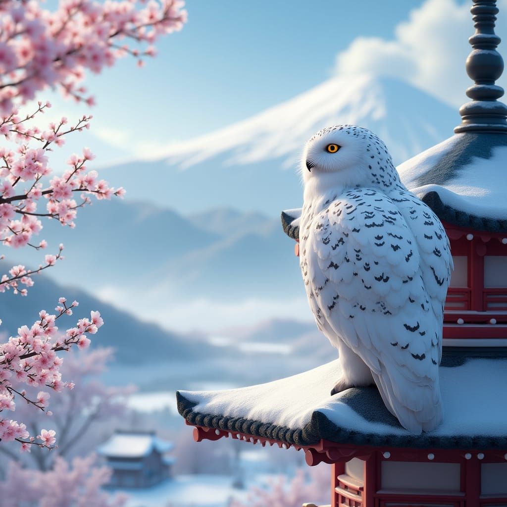 Snowy Owl in Traditional Japanese Pagoda Scene, Cyberpunk-In...