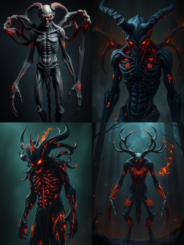 Surreal Horror Figure with Glowing Orange Eyes and Firey Run...