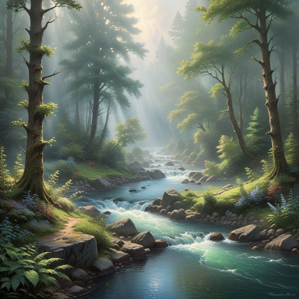Serene River Flowing Through Ethereal Forest Mist