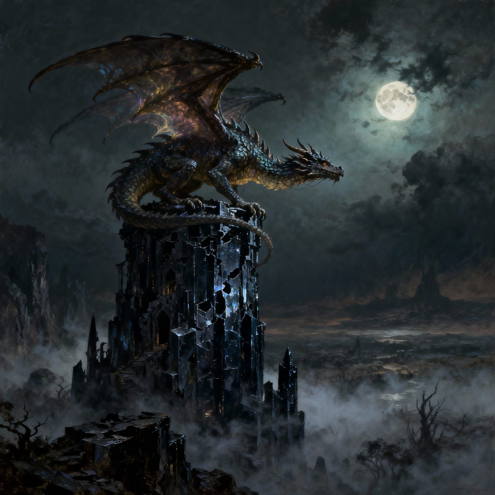 Dragon on Obsidian Tower Under Spectral Moon