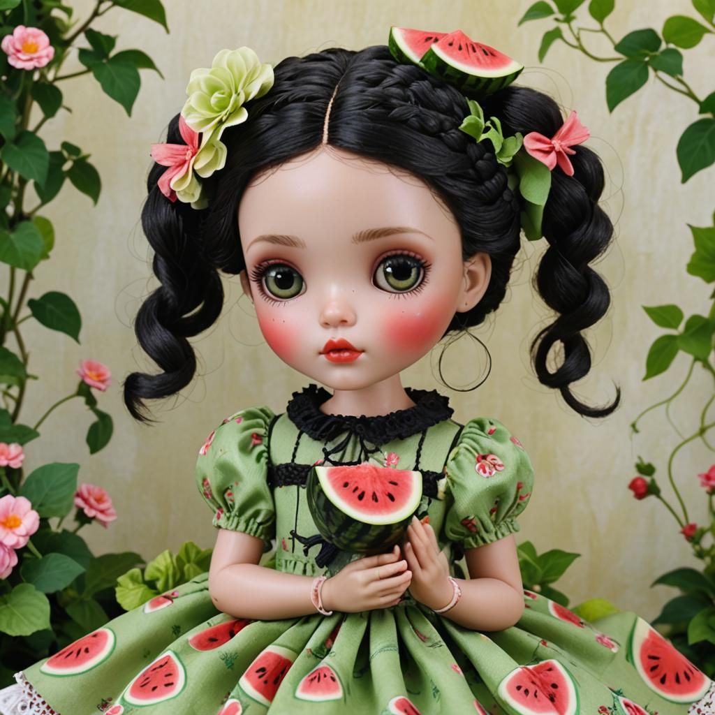 Porcelain Doll Enjoys Watermelon Slice