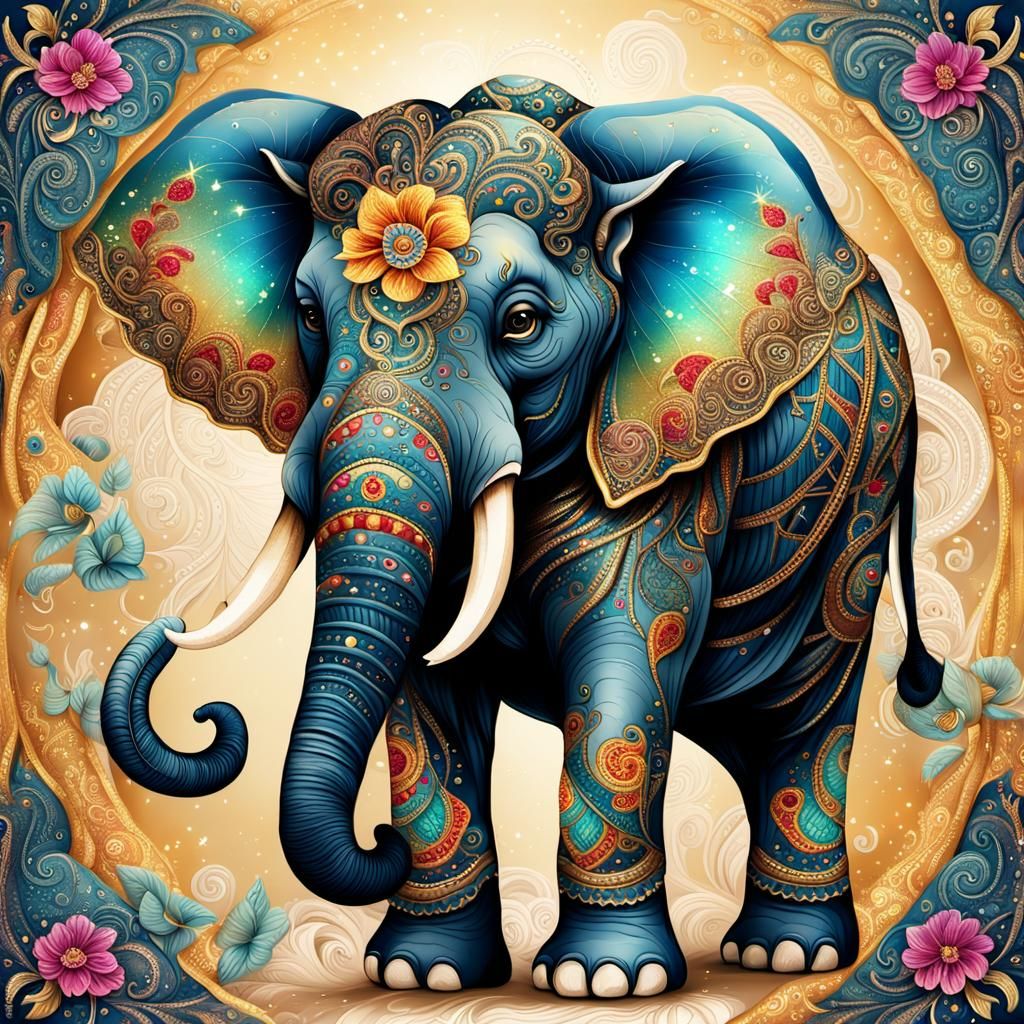 Elephant with Tattoos and Embroidery in Dreamlike Setting