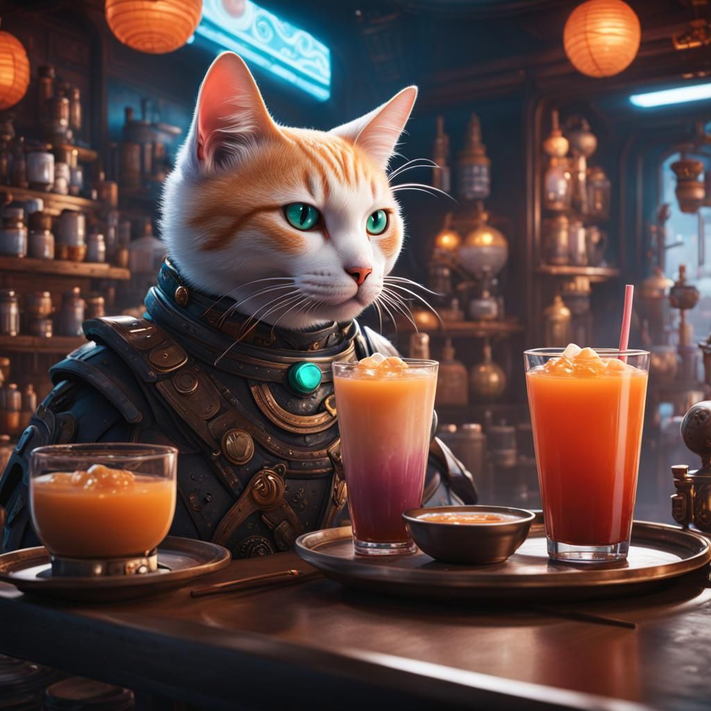 Humanoid Cat Drinking Boba: Detailed Matte Painting
