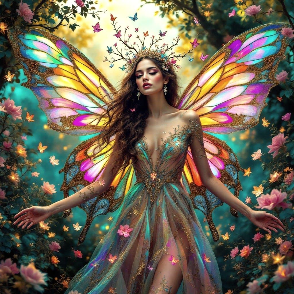 Surreal Dreamscape Goddess Unfurls Vibrant Butterfly-Inspire...