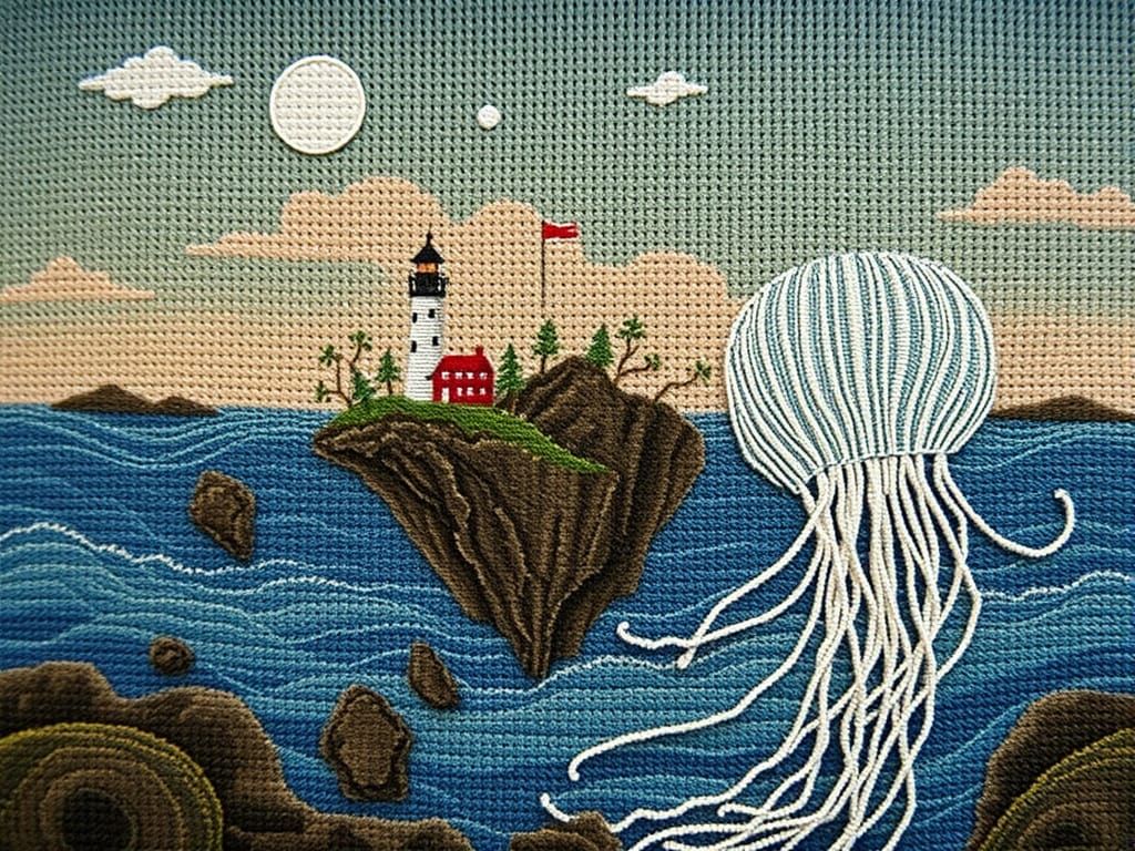 Whimsical yet Unsettling Cross-Stitch Dreamscape