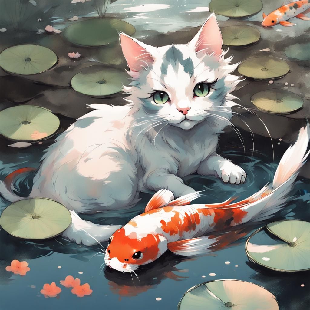Cat in Koi Pond: Anime Ink Painting