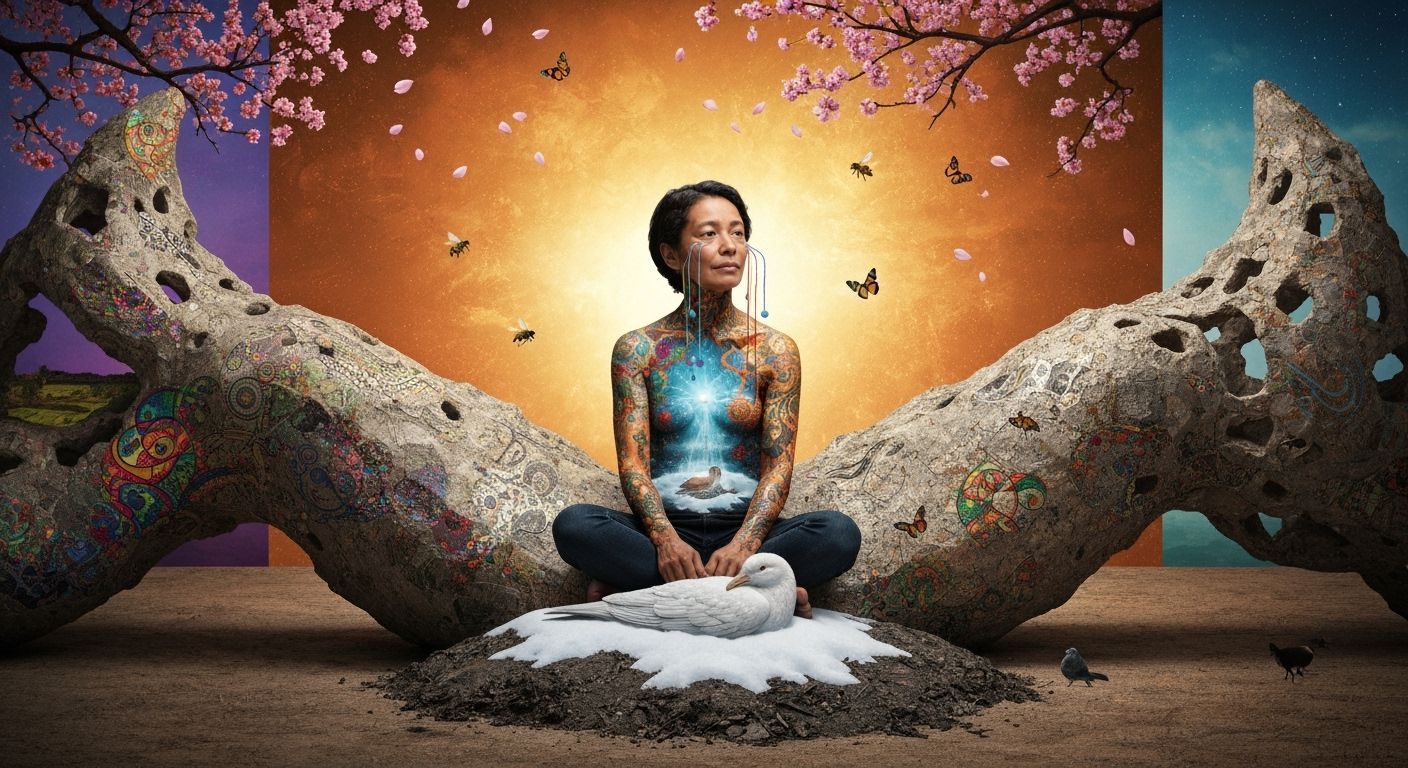 Sculptor Enveloped in Her Abstract Creation