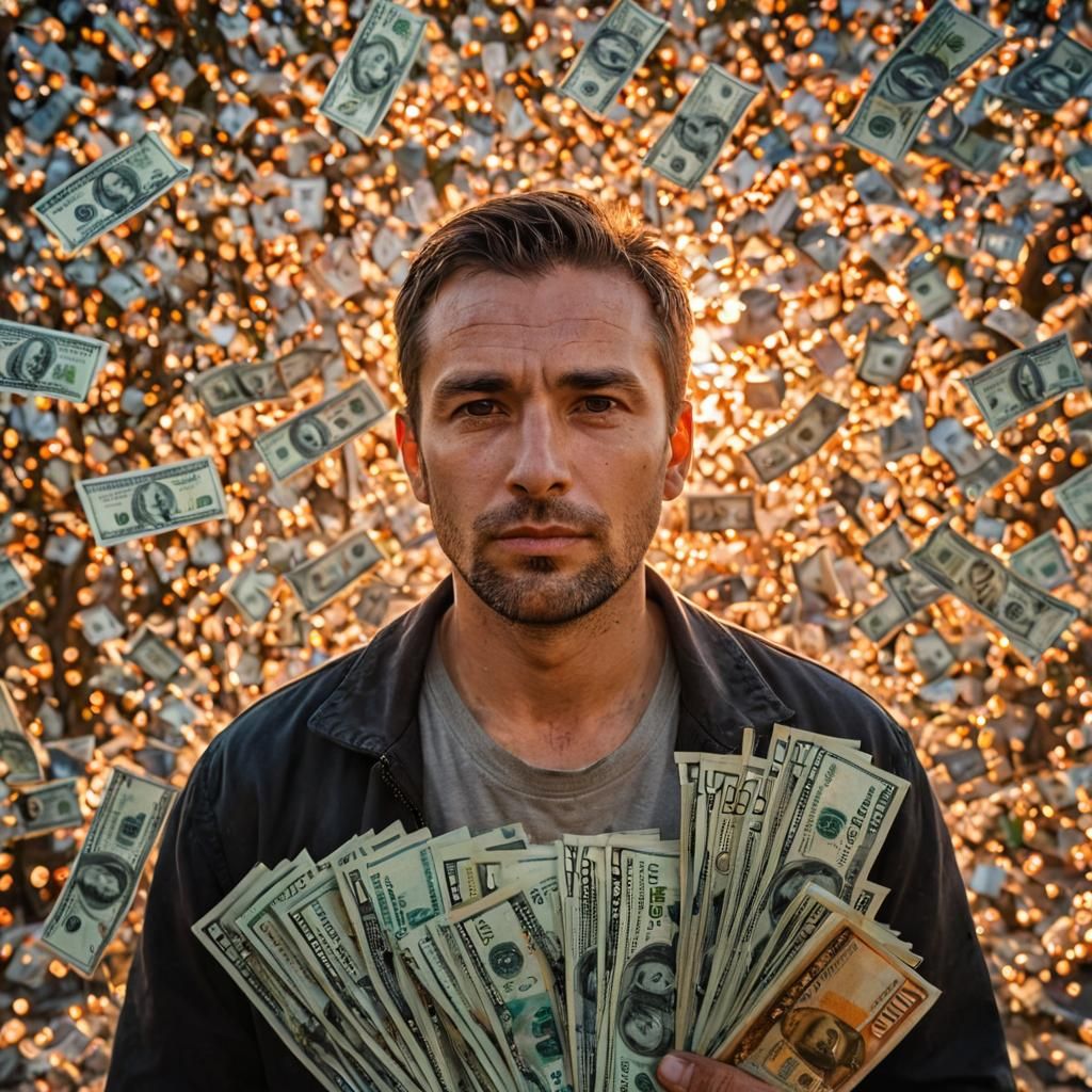 Triumphant Man Amidst Wealth in Golden Hour Light