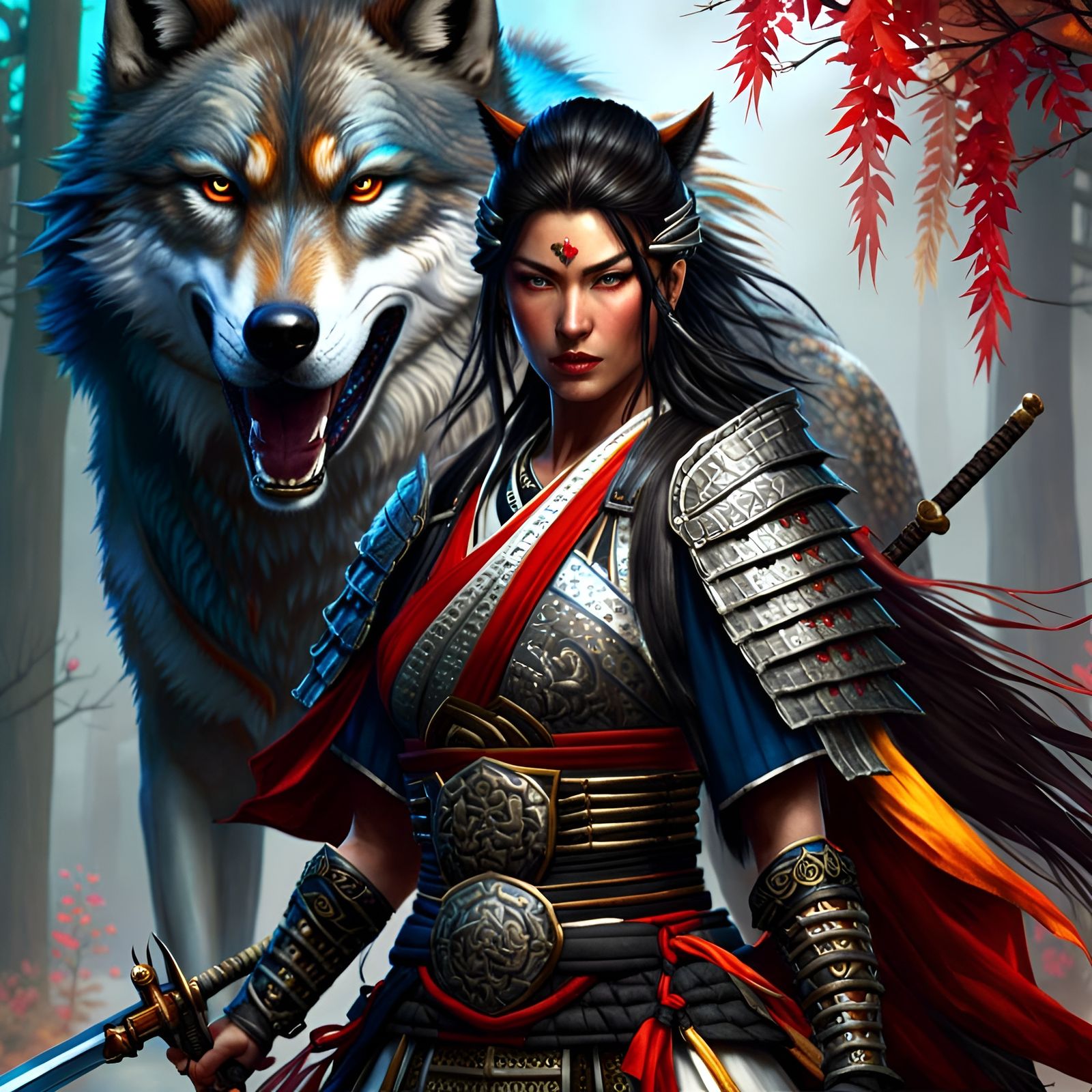 Samurai Warrior Woman with Wolf Companion
